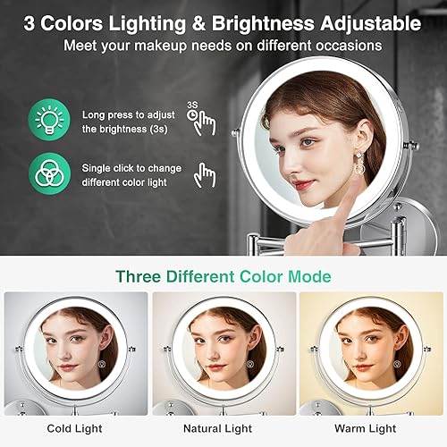 Miniatura 3 de Espejo de maquillaje iluminado recargable de 8.5 pulgadas, espejo de maquillaje con aumento LED de doble cara 1X10X con luces, 3 luces de color,