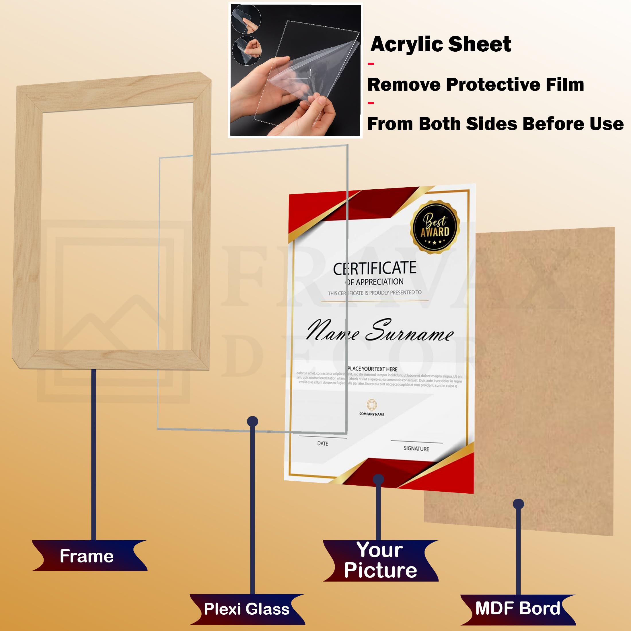 FRAVAX Decor A4 Certificate Frame Set of 10 | Dual Display Use – Wall & Tabletop | Vertical & Horizontal Orientation | Premium Natural Wood Finish | 0.5 mm Unbreakable Acrylic Front | For Certificates, Degrees, Awards & Photos 1