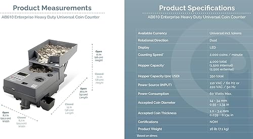 Miniatura 5 de AccuBANKER AB610 - Contador universal de monedas y fichas, velocidades de conteo de 2000 monedas/minuto, capacidad de tolva 4000 monedas, grado