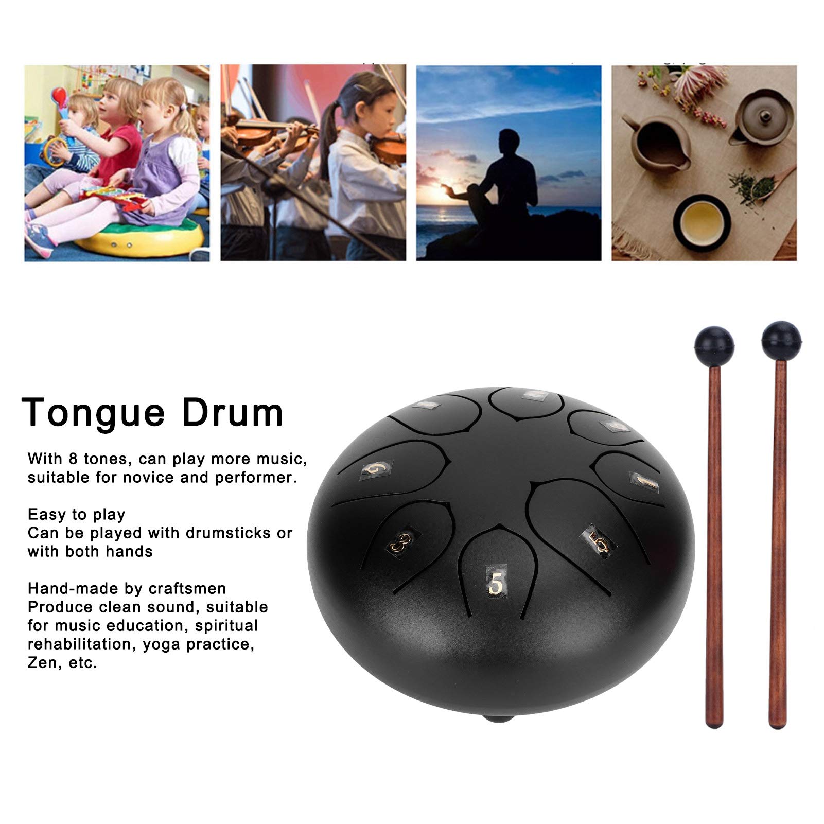 Tambour de Langue Handpan, Tambour de Langue de 6 Pouces, Tambours de Poêle à Main éthérés 8 Tons avec Instrument de Percussion de Pilon (Noir)