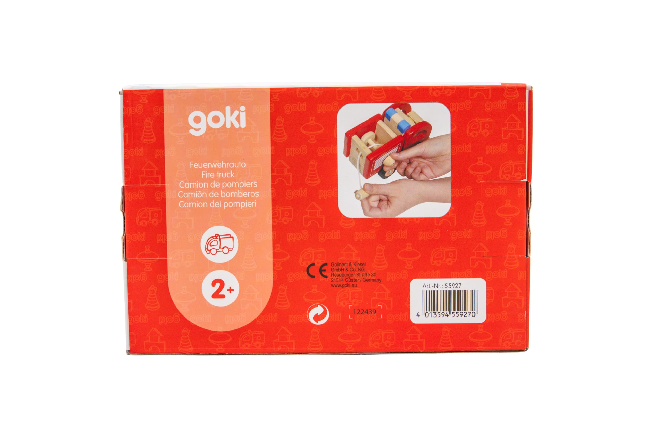 goki Feuerwehrwagen – Klassisches Holzspielzeug mit ausziehbarer Leiter, Rückzugmotor und Holzfigur, fördert Motorik und kreatives Spielen, ideal für Kinder ab 2 Jahren 16,7 x 9,1 x 10,5 cm