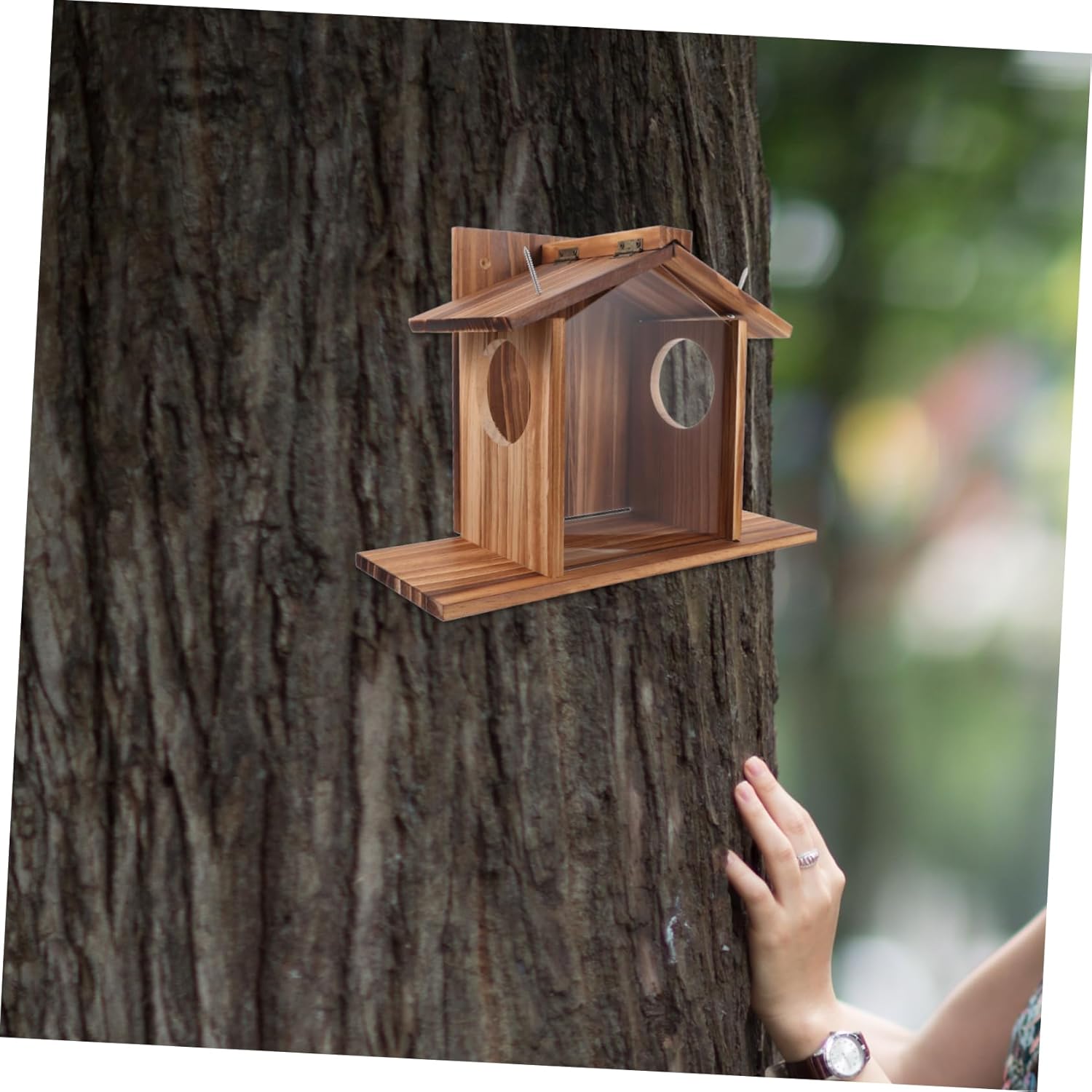 VANZACK Wooden Squirrel Feeder Durable Outdoor Feeding Box for Squirrels and Birds Weather Garden Accessory Creative Design for Backyard Natural Construction