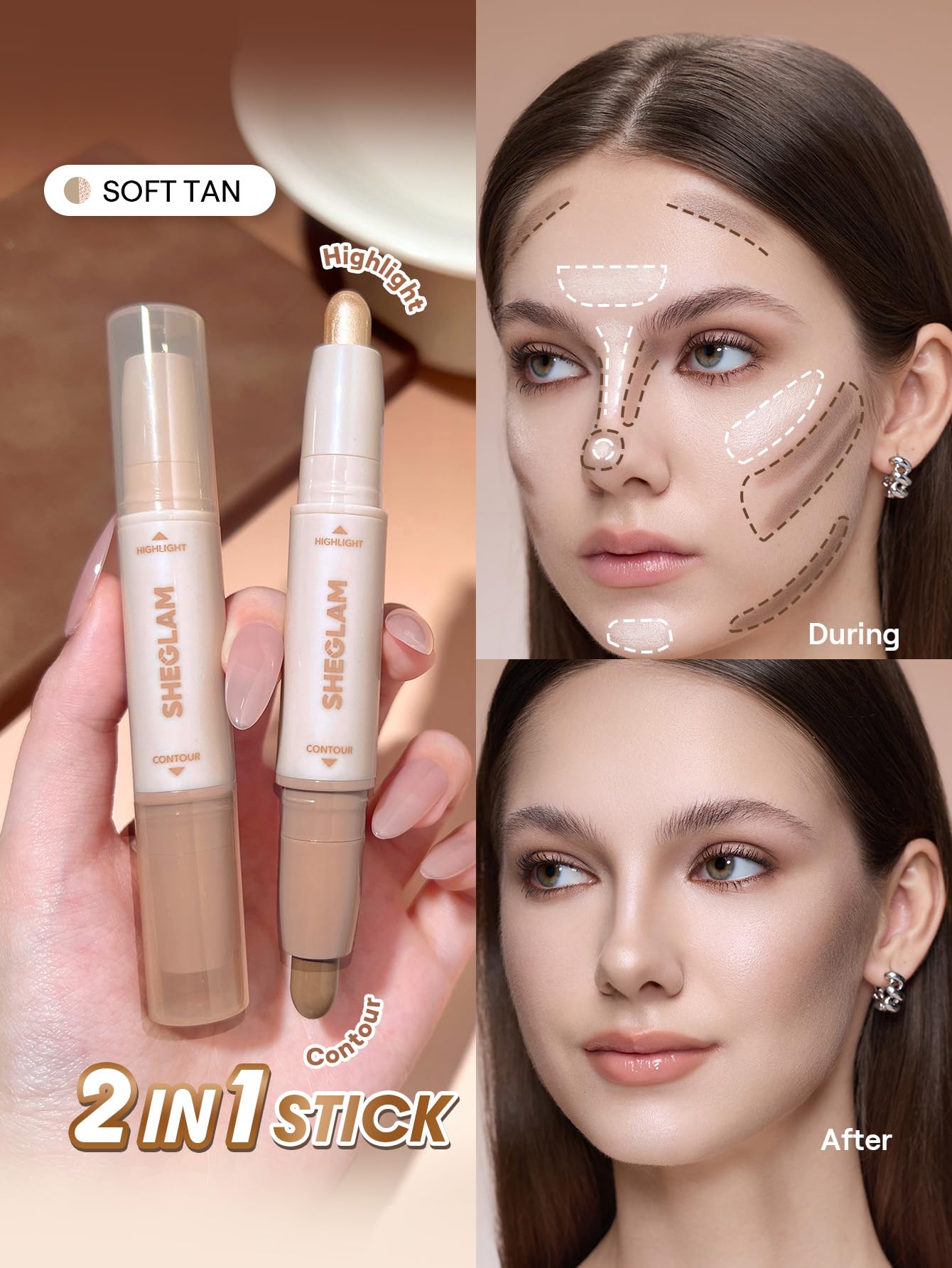 SHEGLAM 2-in-1 Contour & Highlight Stick Cream Waterproof Contour Stick-Soft Tan - Image 2