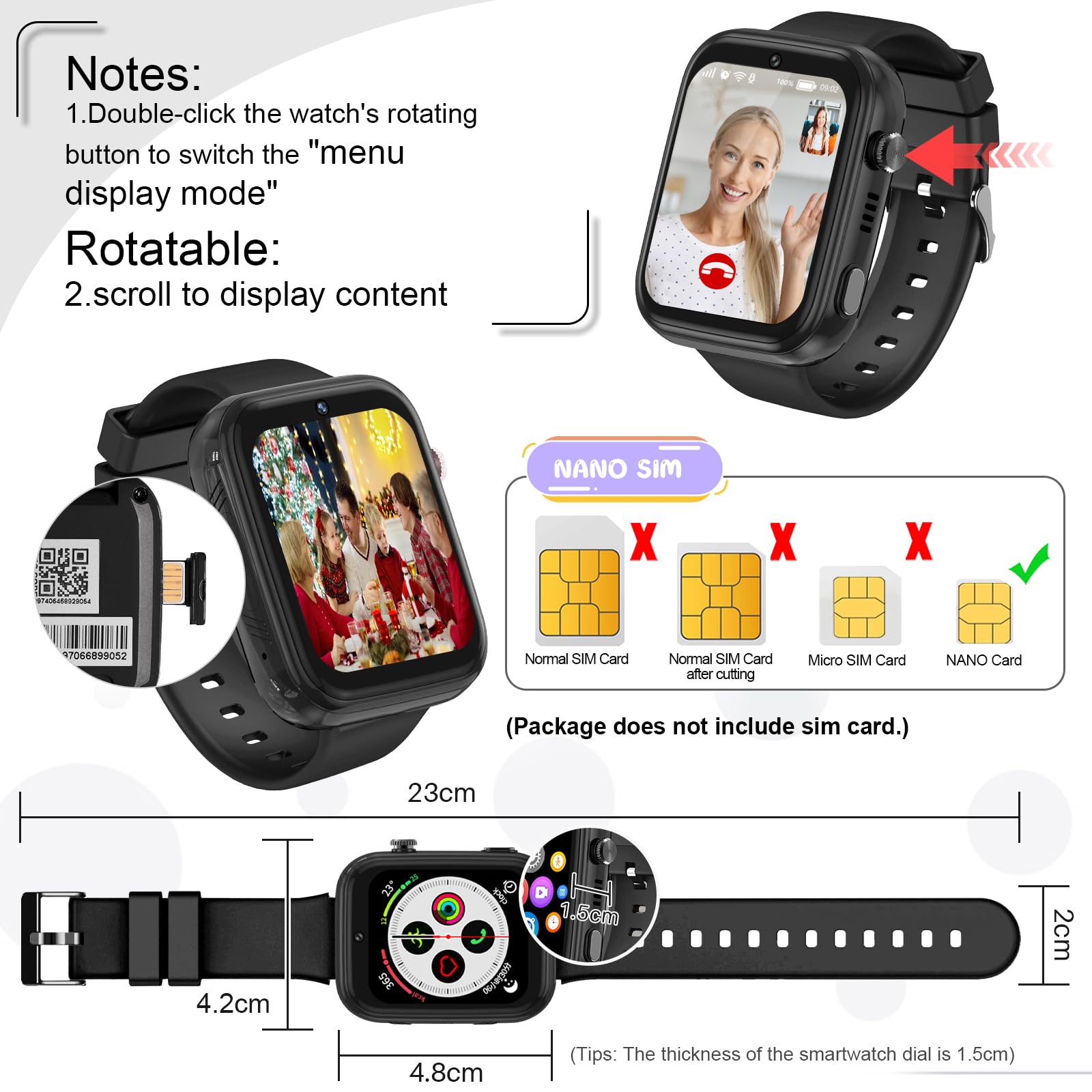 OKYUK Smartwatch Kinder mit Telefon und GPS, 4G Videoanrufe/Voice Chat/SOS/Schulmodus/SMS/Wecker, Kinder Smartwatch mit Schrittzähler Schlafen, Geschenk für Mädchen Junge (T45 Schwarz)