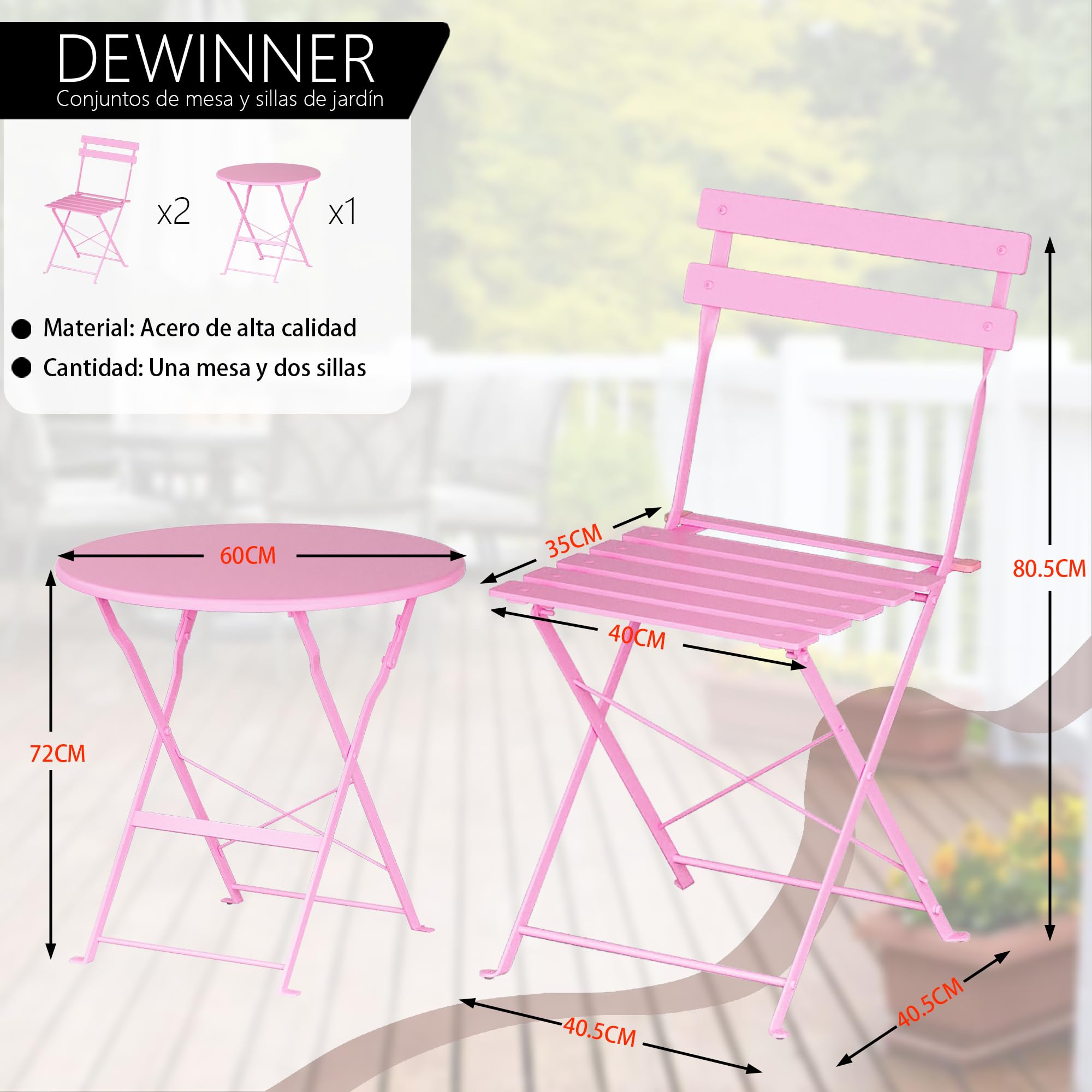 Set De Mesa Y Sillas Plegables DEWINNER, 3 Piezas (1 Mesa + 2 Sillas), Con Mantel Impermeable, Ideal Para Jardín, Balcón Y Camping