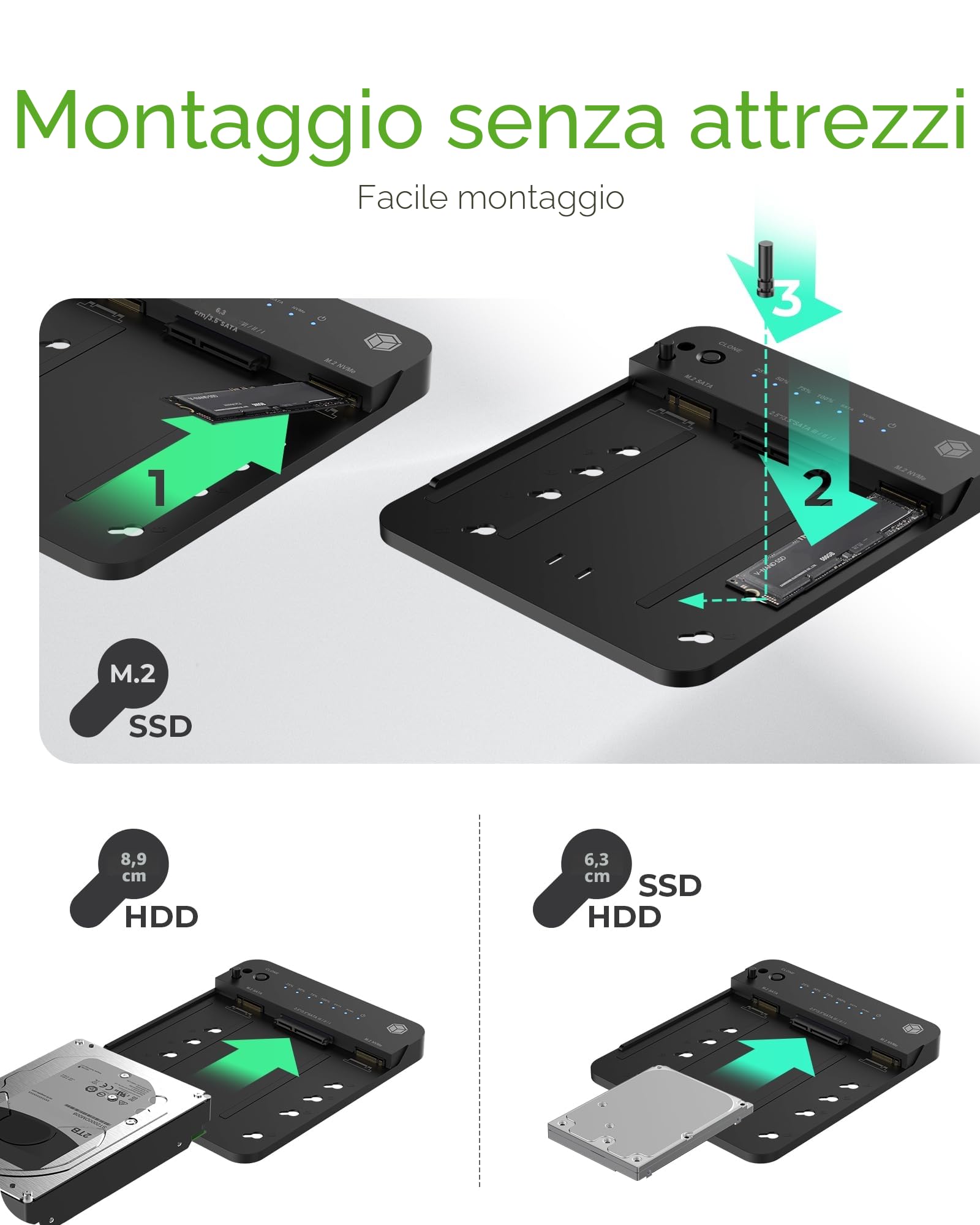 ICY BOX HDD/M.2 NVMe SSD Docking Station USB 3.2 Gen 2 (10 Gbps), unità clonazione a due vie, USB-C e USB-A, IB-2915MSCL-C31