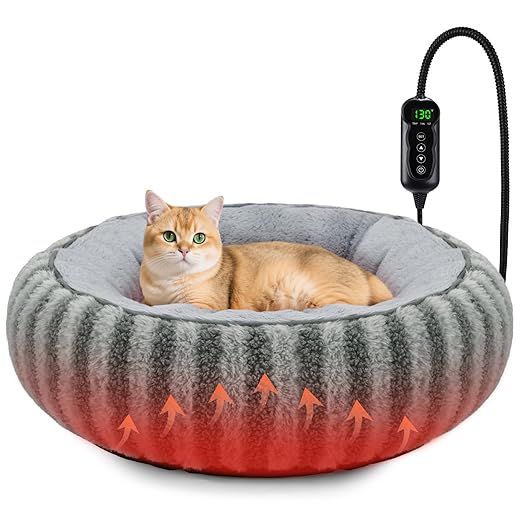 Toove Heated Cat Bed Indoor - 20" Heating Donut Pet Bed for Cats and Small Dogs, Ultra Soft & Cozy Sleeping Cat Beds, Machine Washable, Waterproof & Safe Warming with Timer and Temperature Control