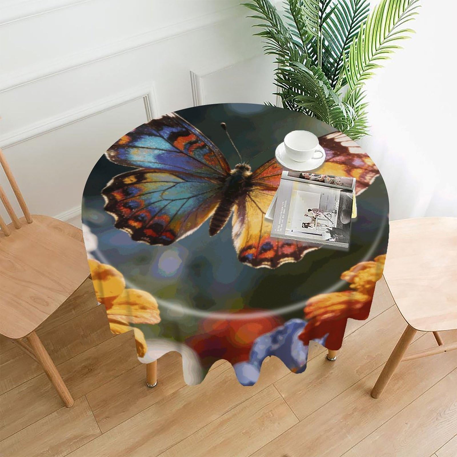 LZQPOEAS Butterfly Tablecloth Easy to Clean Polyester Round Table Cover Washable Round Table Cloth Wrinkle-Free Circle Decoration Tablecloth for Kitchen and Dining Room 60"