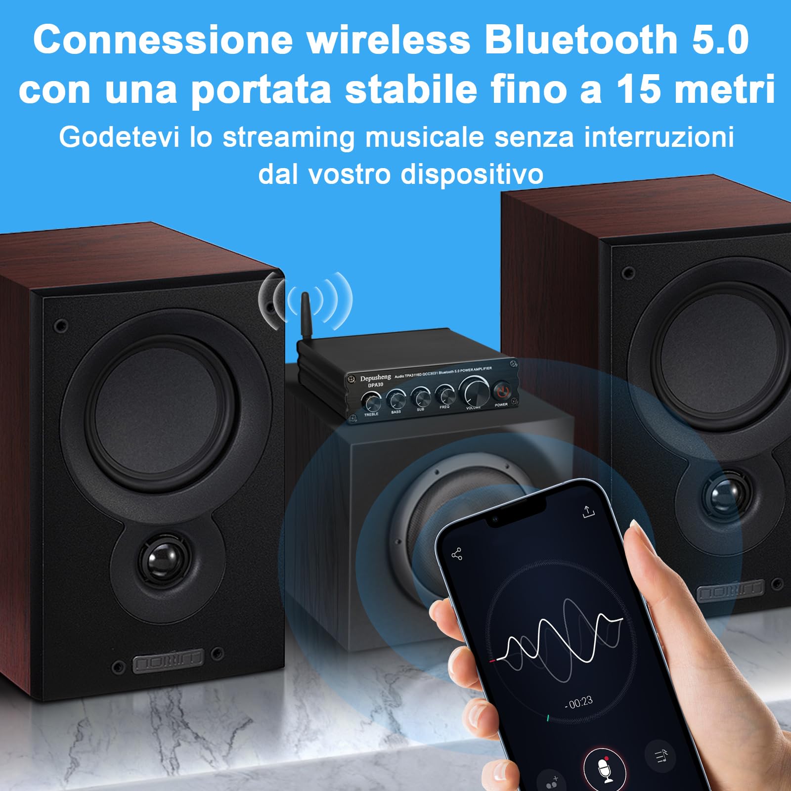 Depusheng DPA30 Amplificatore ricevitore audio 2.1 canali Mini Hi-Fi Bluetooth 5.0 Amplificatore componente audio 50 W x2+100 W per altoparlanti passivi da esterno/subwoofer Subwoofer alimentato
