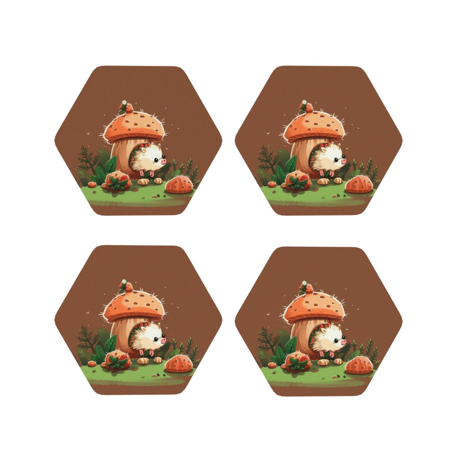 4pcs Drink Coasters for Tabletop Protection, 4" Leather Coasters for Drinks, Hedgehog and Mushroom Cup Coasters for Coffee Table Decor, Non-Slip Drinking Cup Mat for Hot Or Cold Drink