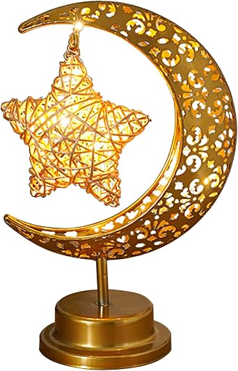 NFNSIG Vintage Moon Star Table Lamp, Metal Frame Ramadan Desk Lamp Battery Powered Mosaic Crescent Bohemian Handmade Bedside Light for Living Room, Bedroom