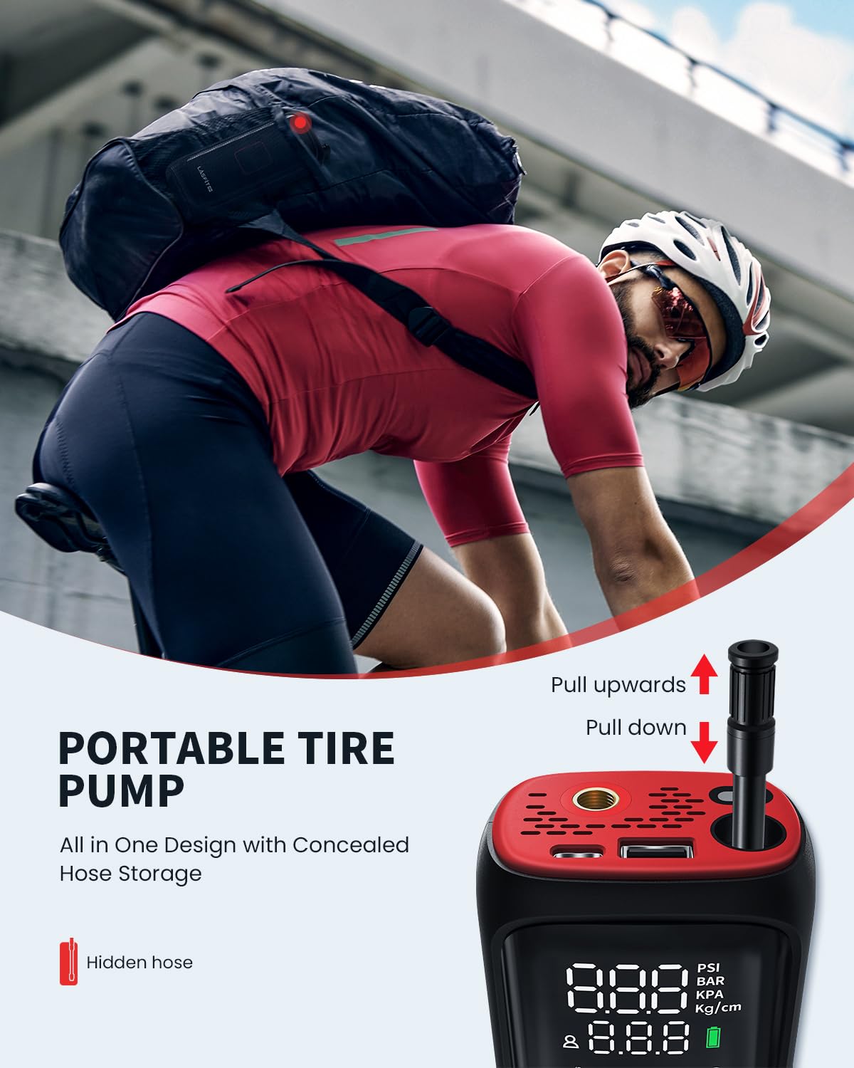 LASFIT AIR BM1 Bike Pump [20s Fast Pump] Auto Shut-Off 150 PSI High Pressure Portable Tire Pump with Presta Schrader Dunlop Valve for Bike Motorcycle