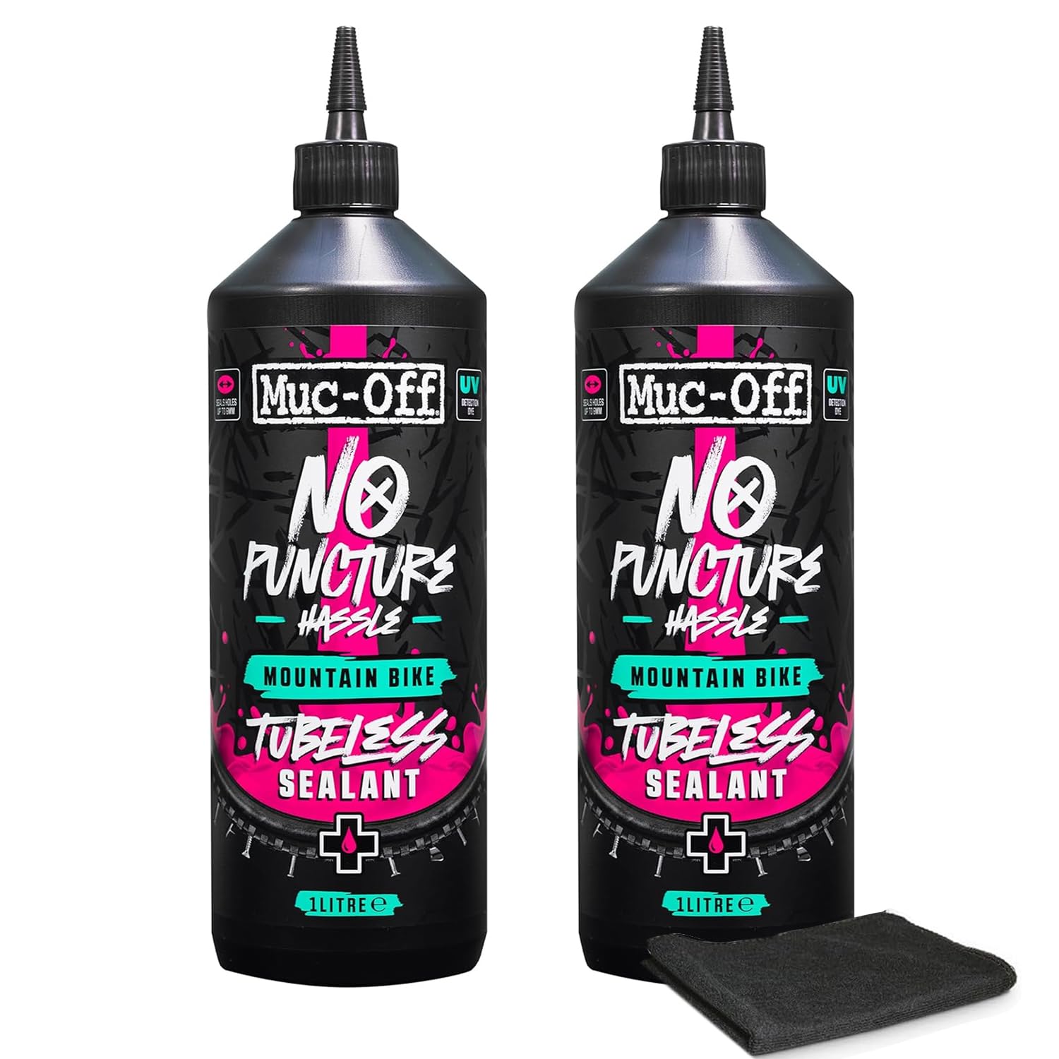 Muc-Off No Puncture Hassle Tubeless Sealant, 1 Liter - Advanced Bicycle Tyre Sealant with UV Tracer Dye that Seals Tears and Holes Up to 6mm (1 Liter (Pack of 2))