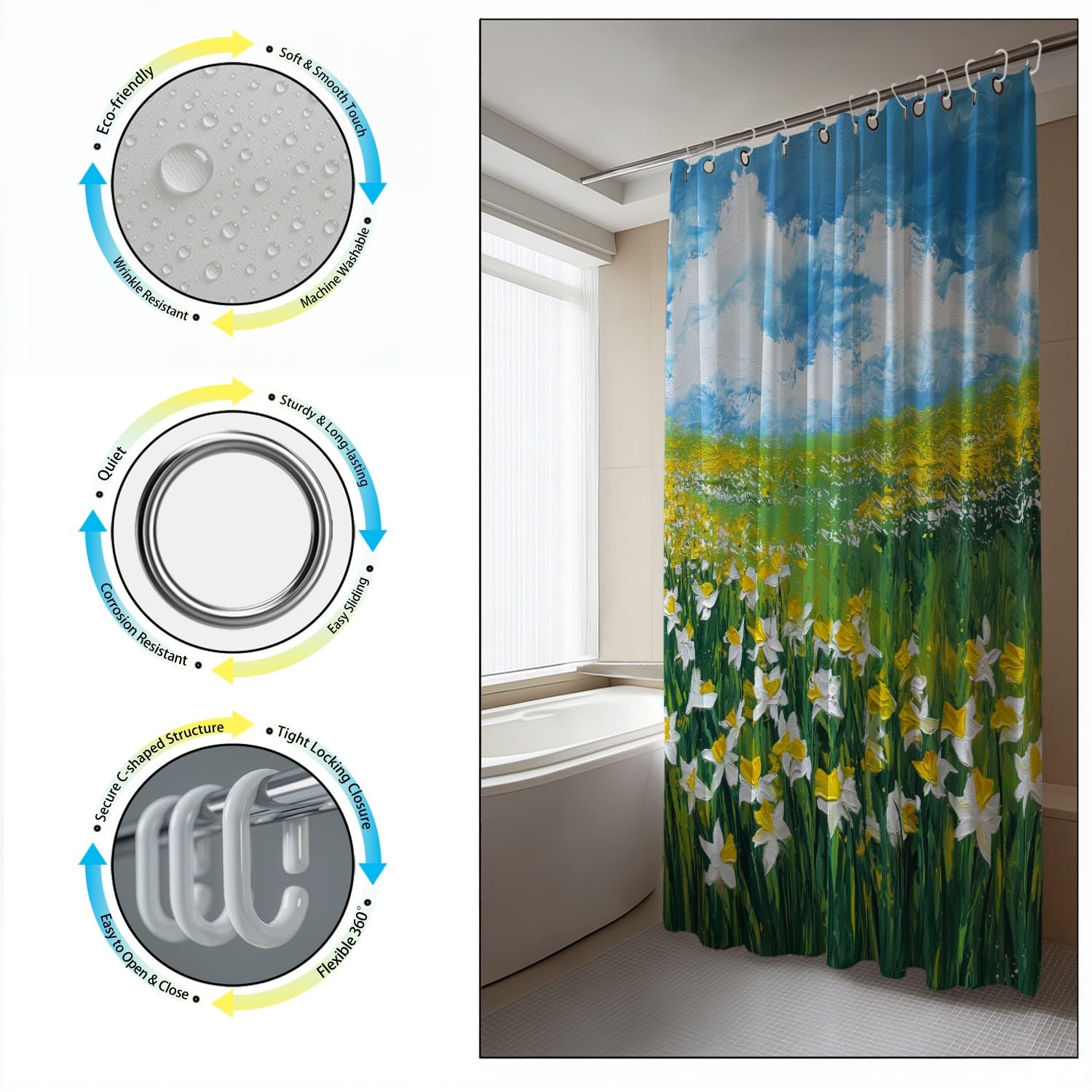 Generisch Zasłona prysznicowa 240 x 200 cm, zestaw 1 szt., miękka mikrofibra, wodoszczelna i odporna na pleśń, nadaje się do prania, do łazienki i wanny, z oczkami i haczykami, zielona, obraz olejny