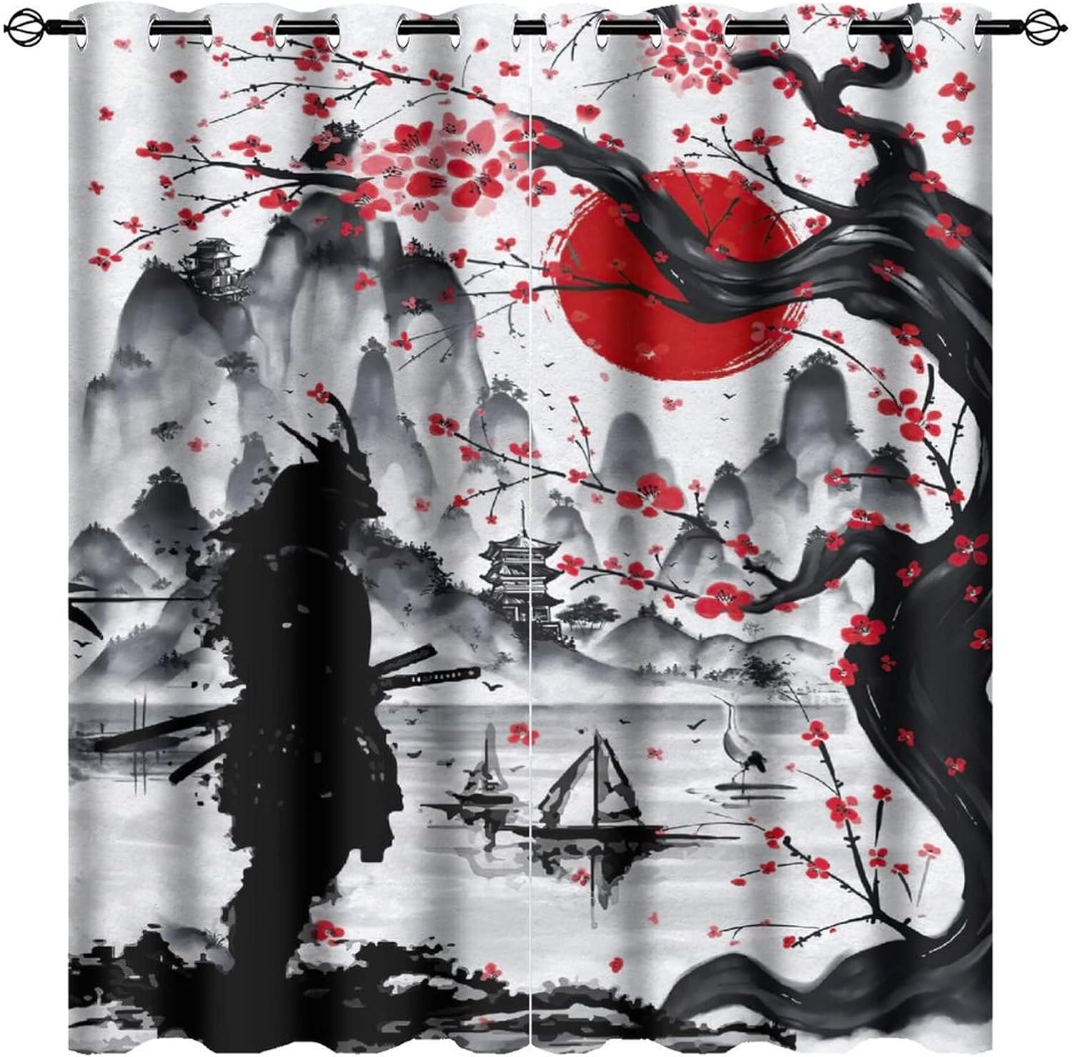 Retro Japanese Room Darkening Blackout Window Curtains with Grommets,Watercolor Ink Samurai Red Sun Mountain Cherry Blossoms Energy Efficient Window Treatment for Living Room 2 Panels 72L x 31.5W