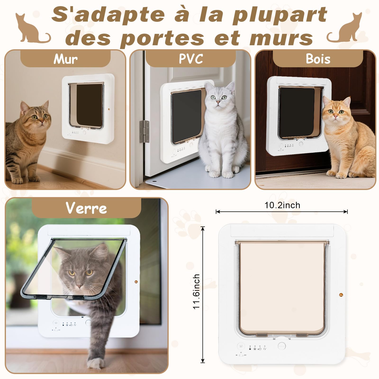 Chatiere pour Chat Puce Electronique, Accès Sélectif pour Votre Chat, Empêche Les Étrangers d'Entrer, Installation Facile, avec 3 Clés de Détection de Collier & 1 Télécommande