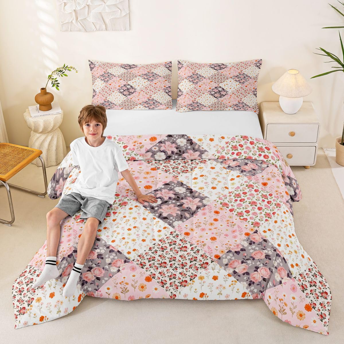 Homewish Zestaw pościeli w stylu boho podwójny, wiejski kwiatowy zestaw pościeli boho, wiejski kwiat, rustykalny zestaw kołdry, patchworkowa różowa stokrotka, poszewka na kołdrę z 2 poszewkami na
