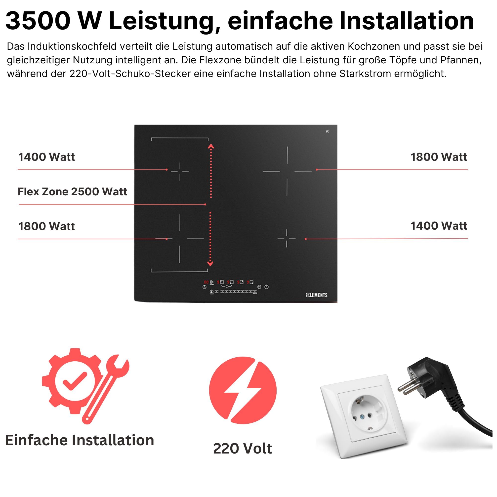 Induktionskochfeld 60 cm, Warmhaltefunktion, Induktionskochfeld mit stecker, kratzfeste Oberfläche, mit Stecker, Flexzone, Autark, Rahmenlos, Touch-Bedienung
