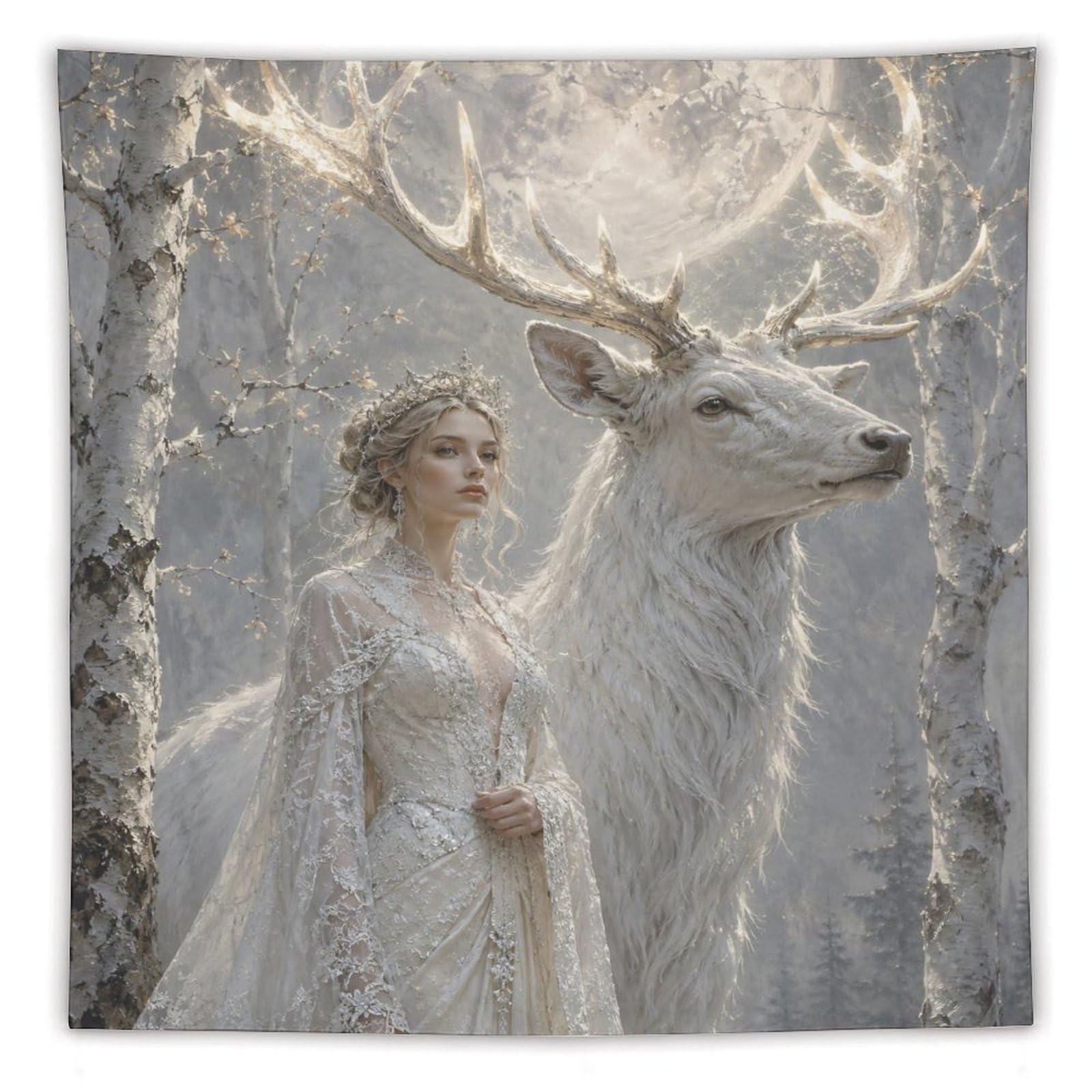 H3B8U2Y5 White Deer Woman Wall Tapestry, Fantasy Illustration, Sofa Area