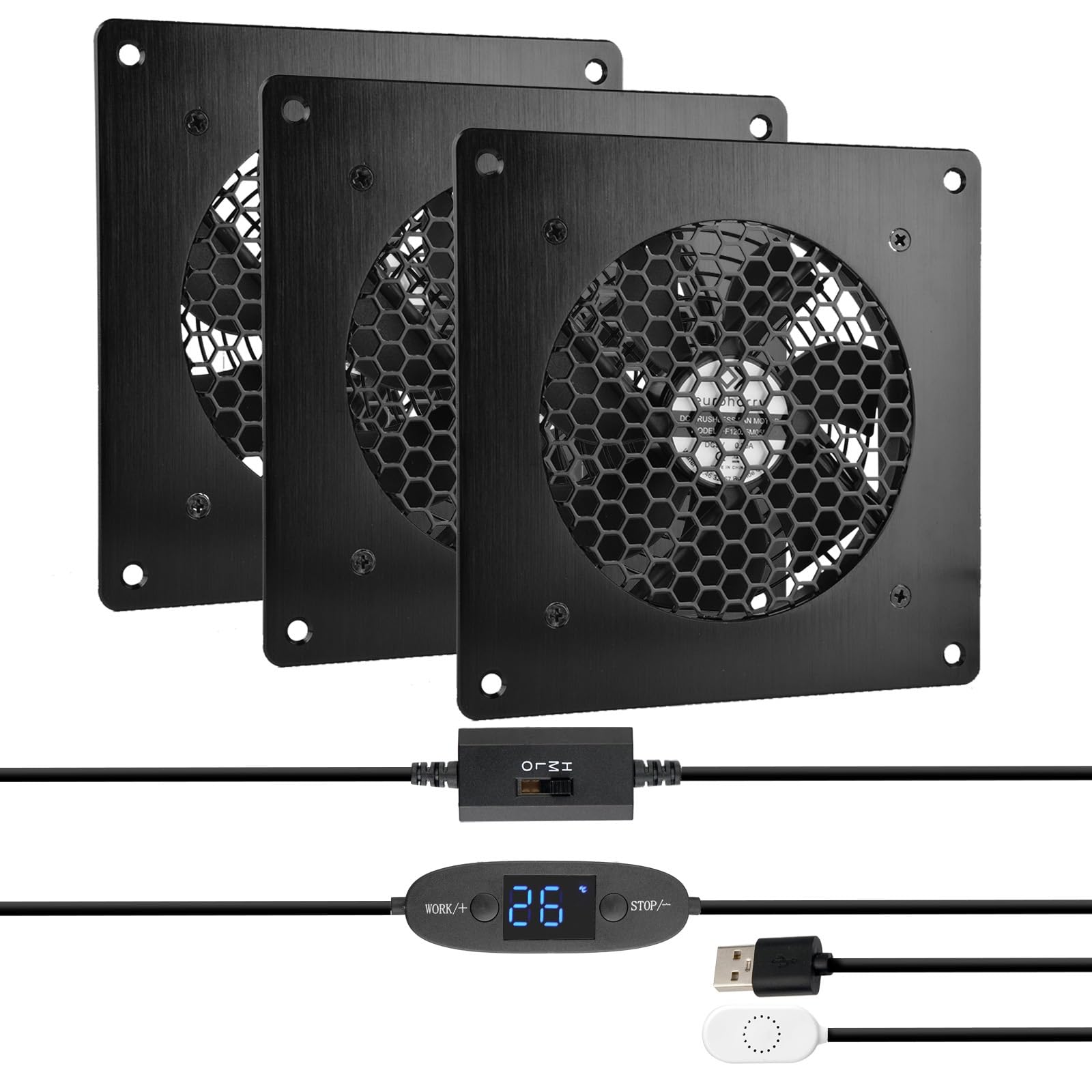 Ventola USB da 120 mm, con display digitale, controllo della temperatura, silenziosa, ventola da 5 V, con moderno telaio in alluminio nero spazzolato, per home theater, cuccia per animali