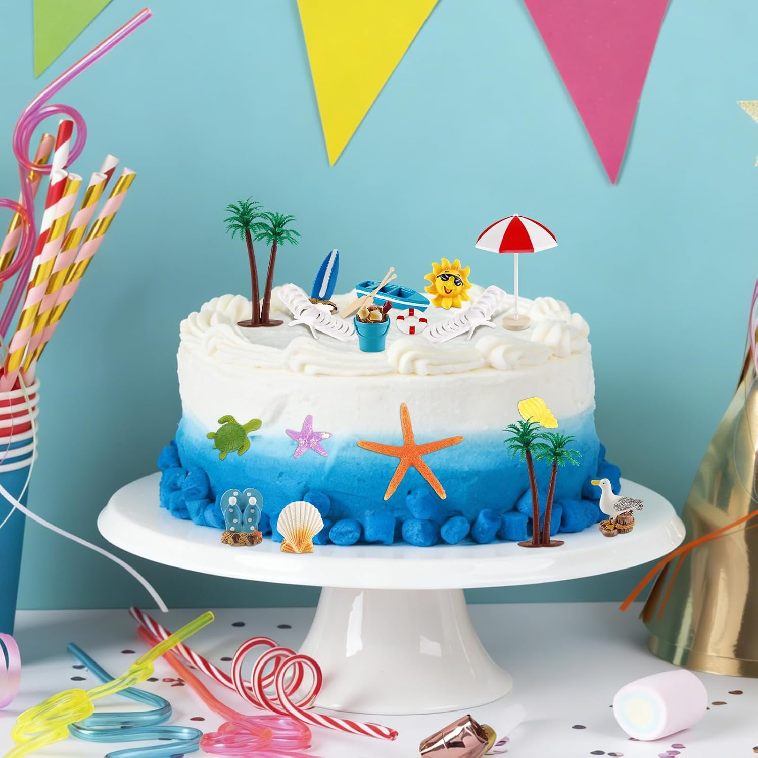 Hooqict 19Pcs Beach Cake Decorations Set with Mini Coconut Tree, Seashell, Sea Animals, Pool Beach Cake Toppers & Cupcake Toppers for Summer Tropical Hawaiian Luau Birthday Party Decorations Supplies