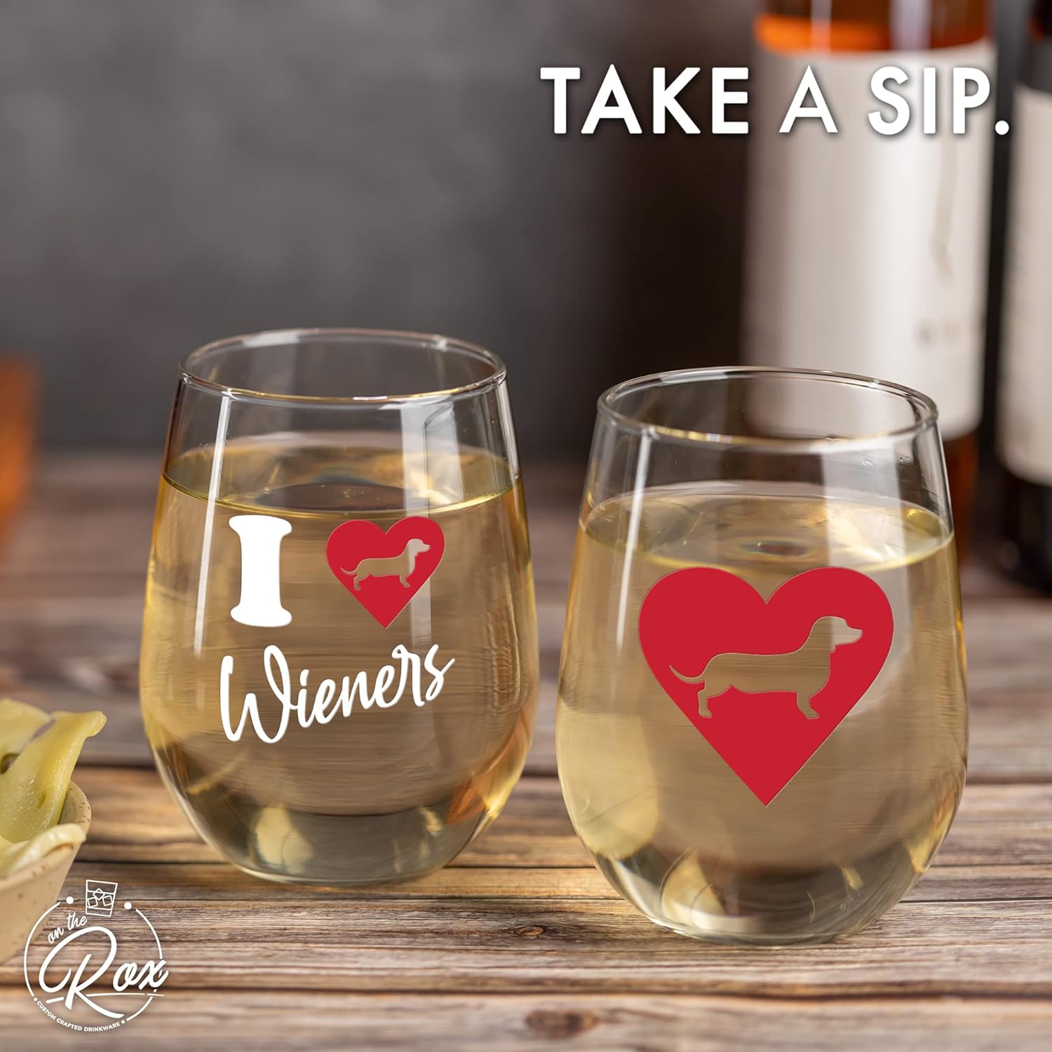 On The Rox Dachshund Gifts for Dog Lovers - I Love Wieners 15 oz Stemless Dog Wine Glass Set of 2 - Funny Cup, Tumbler, Stuff for Pet-Loving Mom, Grandma - Weenie Dog Gifts For Women Drinks
