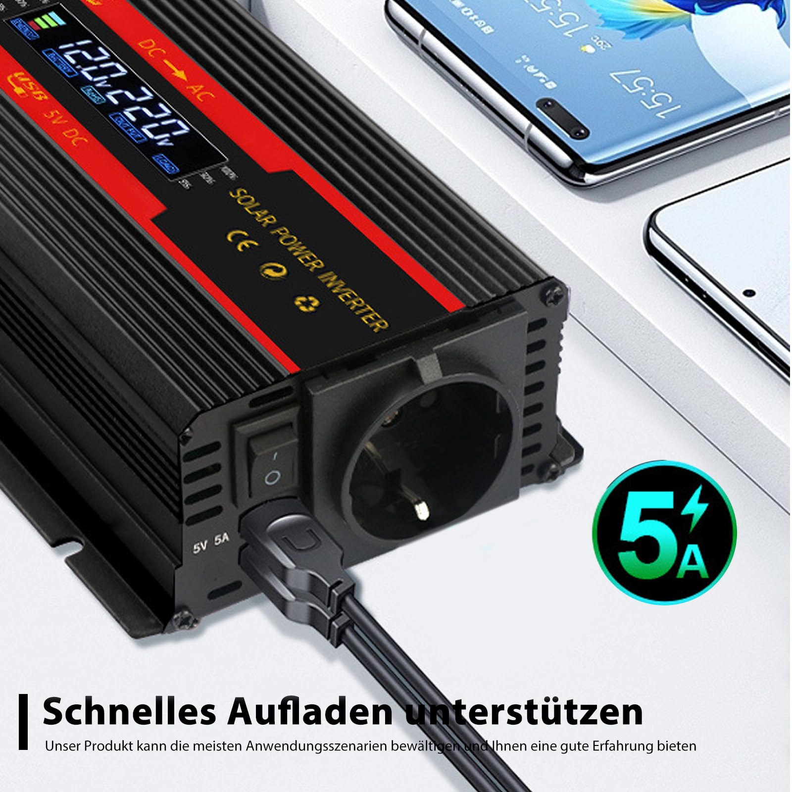 Wechselrichter Spannungswandler DC 12V / 24V auf AC 230V Modifizierte Sinuswelle Solar Inverter 700W/2000W mit EU Steckdosen, 2 USB Stromumwandler Adapter für Auto Kfz LKW Wohnwagen Camping
