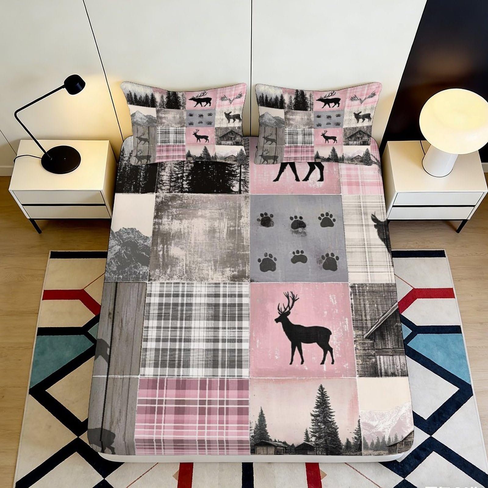 3D Printed Woodland Deer Fitted Sheet Microfiber Soft Breathable Forest Patchwork Bed Cover for Bedroom Dorm Decor 90x200x25cm