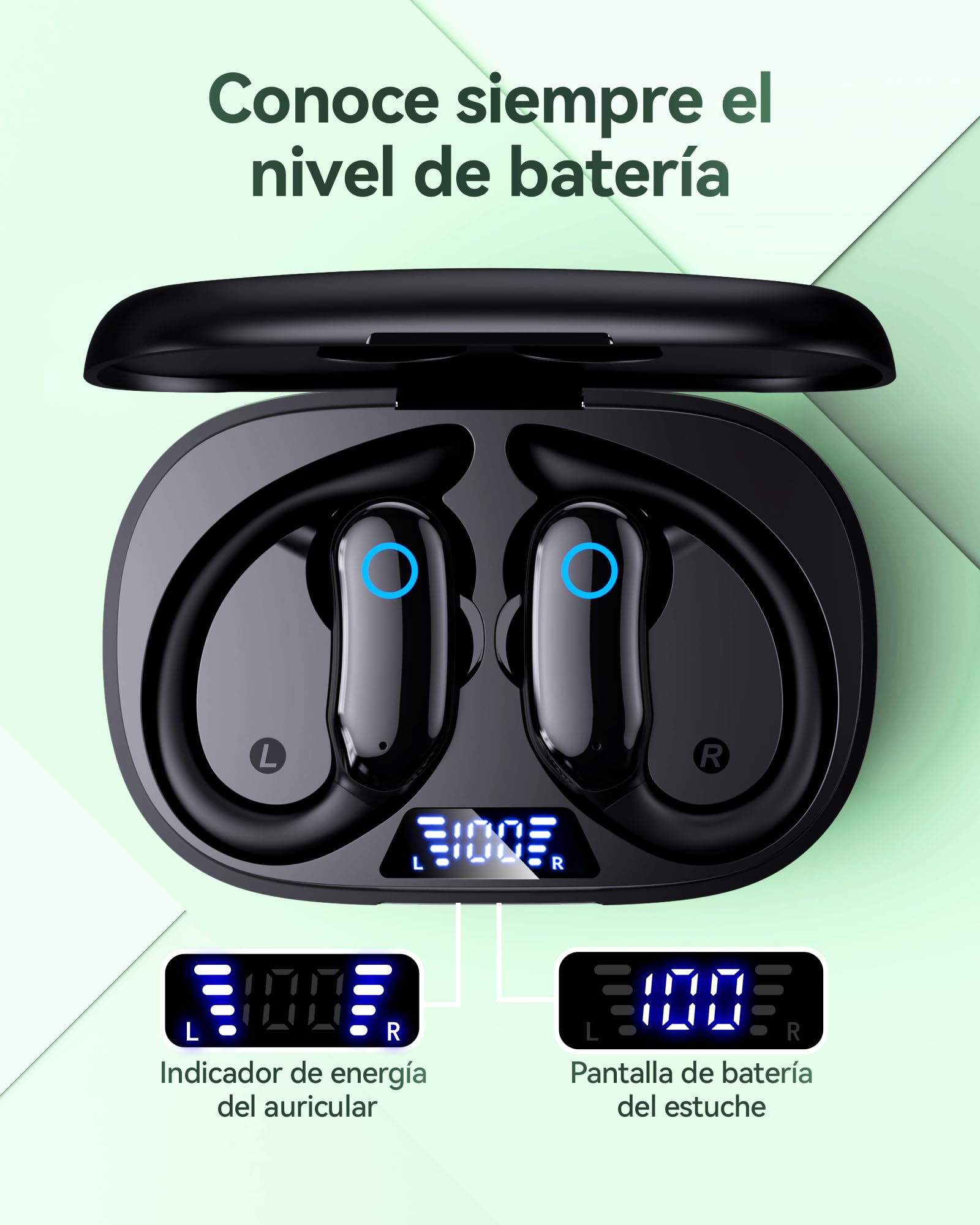 Auriculares Inalámbricos Deportivos Bluetooth con Gancho para Oreja, 96H Reproducción, ANC -30dB y ENC Mic, 16mm Bass Estéreo, IPX7 Impermeable, Pantalla LED – para Running y Entrenamiento