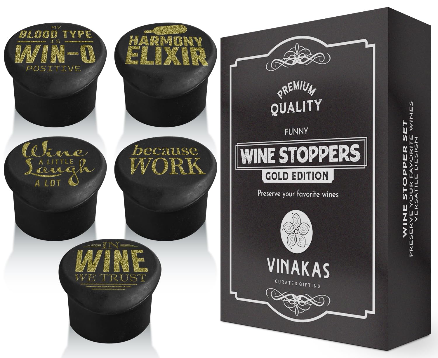 5 Funny Wine Stoppers - GOLD EDITION - Perfect as Wine Accessories or Wine Gifts for Women - Set of 5 Funny Silicone Wine Bottle Stopper. Better Than Wine Corks.