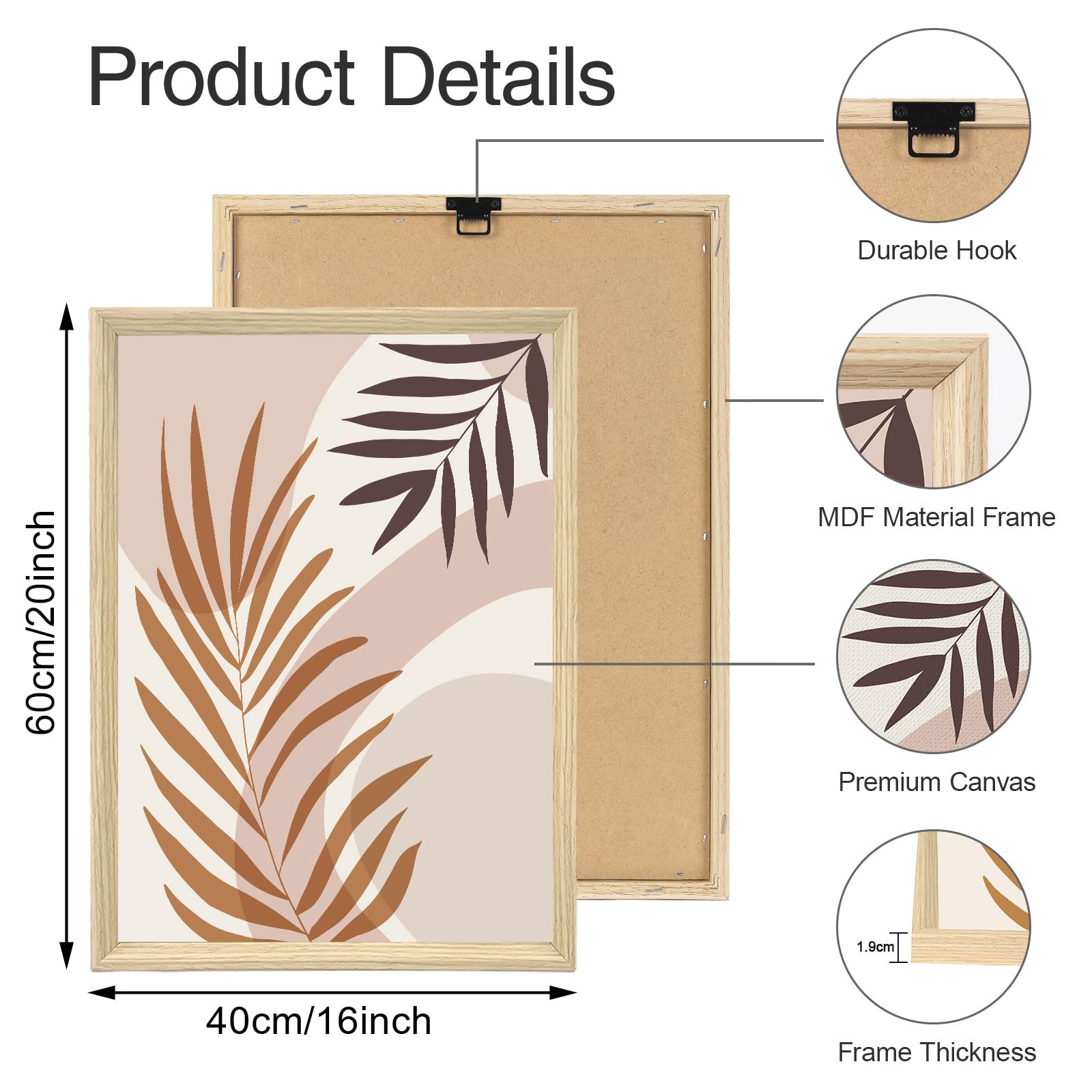 WENGTIAO Leinwand Bilder mit Rahmen Boho Minimalistische Blätter Wandbilder | Beige Kaffee Braun Abstrakt Pflanzen Bild auf Leinwand für Modern Wohnzimmer Schlafzimmer Flur Wanddeko 40x60cmx3