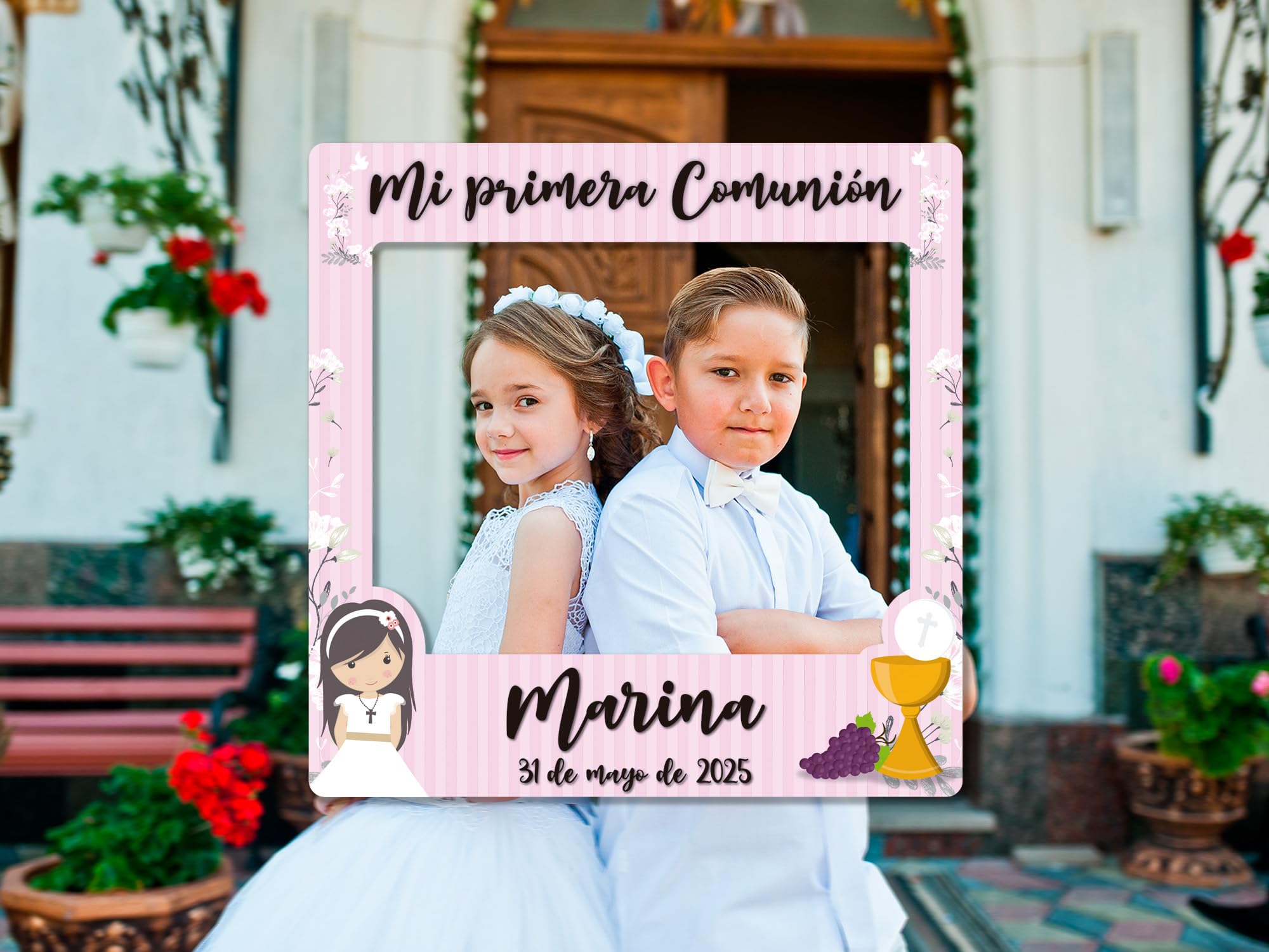 Oedim Photocall en Cartón para Comunión + Cartel Rosa Personalizado, 100x100cm, 70x50cm, Eventos o Celebraciones puntuales, Ventana Troquelada, Photocall Divertido
