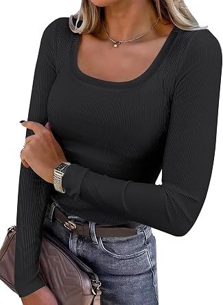 BIDITANLE Womens Long Sleeve Ribbed Knit Tee Slim Fit Scoop Neck Stretch Top Casual Basic Shirts