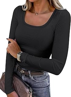 BIDITANLE Women's Long Sleeve Ribbed Knit Tee Slim Fit Scoop Neck Stretch Top Casual Basic Shirts