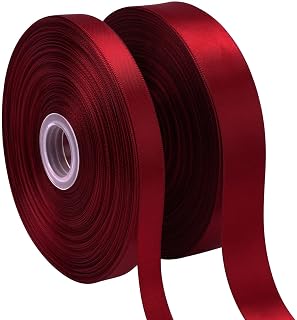 2 Rolls (1”×50 Yards, 1/2”×50 Yards) Burgundy/Maroon Satin Ribbon for Gift Wrapping, Wedding, Bow Making & Other Projects