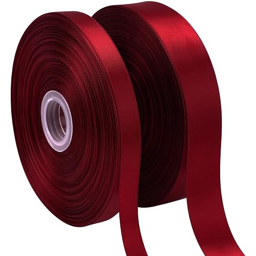 Swedin 2 Rolls (1”×50 Yards, 1/2”×50 Yards) Burgundy/Maroon Satin Ribbon for Gift Wrapping, Wedding, Bow Making & Other Projects