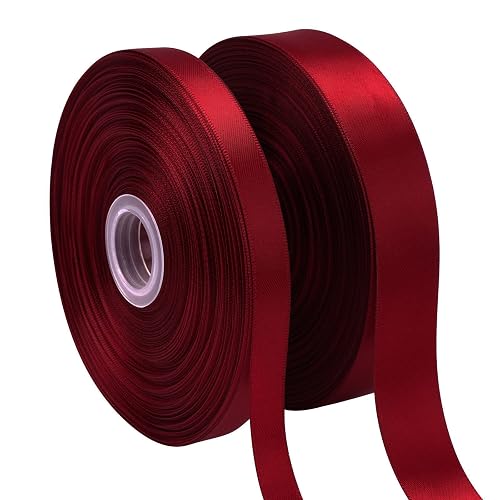 Swedin 2 Rolls (1”×50 Yards, 1/2”×50 Yards) Burgundy/Maroon Satin Ribbon for Gift Wrapping, Wedding, Bow Making & Other Projects - B-Burgundy/Maroon