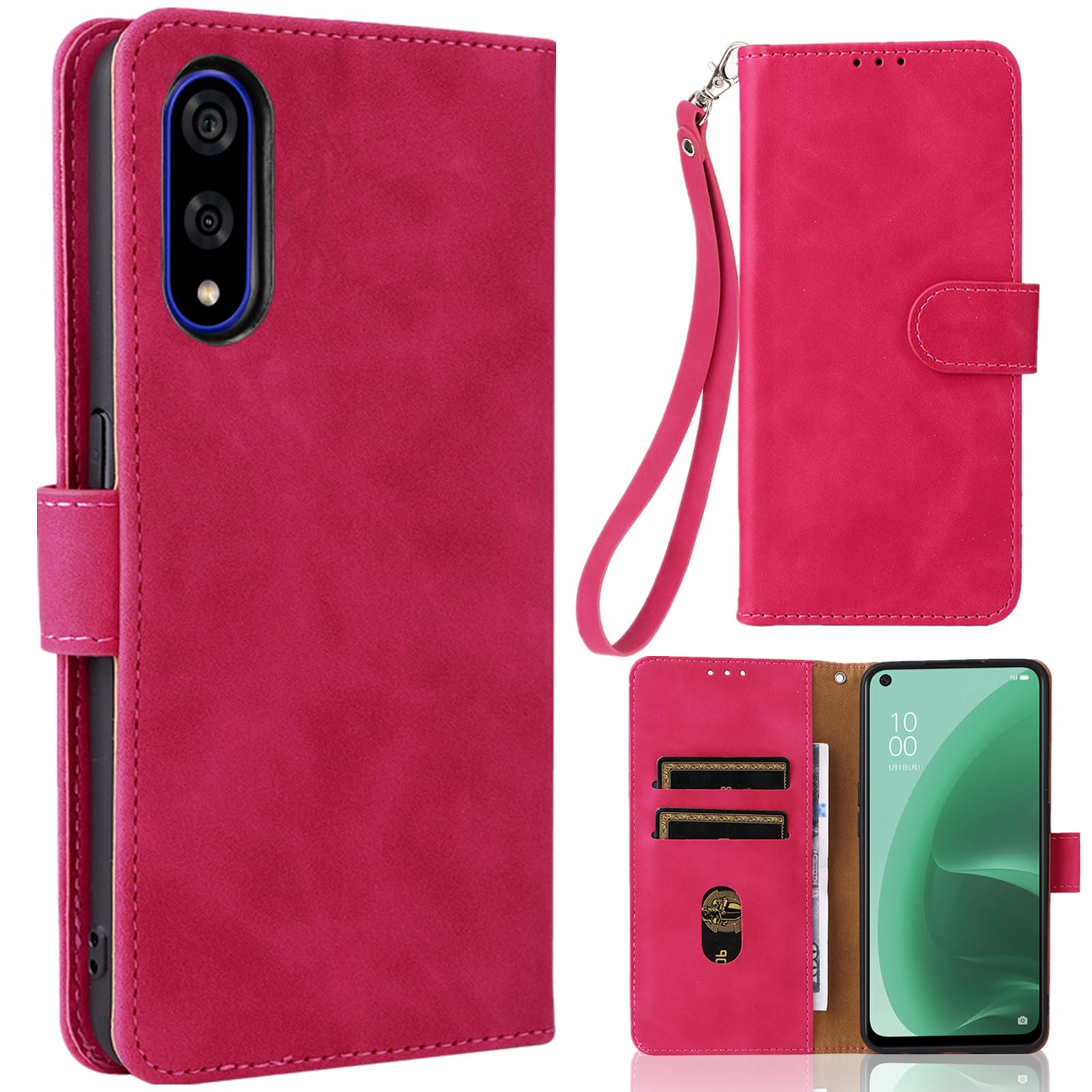 京セラ BASIO active3 KYG04 ケース 手帳型 【ストラップ 一本付】 適用 BASIOactive3 スマホケース ベイシオ active3 手帳型 ベイシオactive3 カバー basio アクティブ3 手帳 case Heofuixt スタンド ストラップ付き 窓口式 カード入れ マグネット 手帳ケース カードケース つや消し 落ち着いた色 ローズレッド