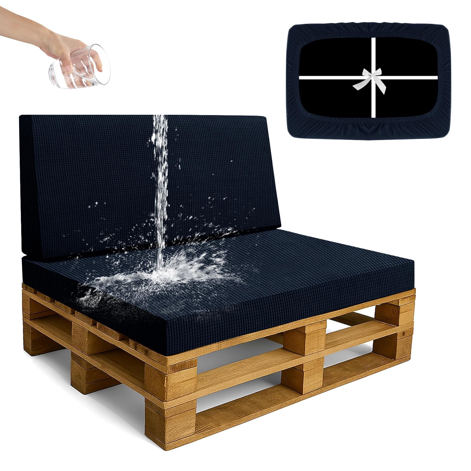 SYLC Waterproof Pallet Cushions Covers, Stretch Cover for Pallet Furniture Cushions with 4 Ties, Outdoor Corner Sofa Covers for Rattan Patio Garden Caravan (Navy,2 PCS(1 Seat+1 Back))