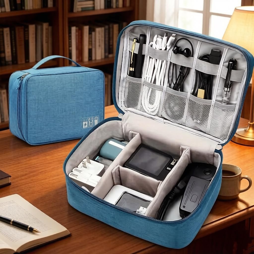 Bolsa organizadora Travel Tech - Estuche portátil para almacenamiento de dispositivos electrónicos para auriculares, banco de carga, unidades USB y cables | Bolsa de accesorios digitales antigolpes con múltiples compartimentos, （Azul cielo）