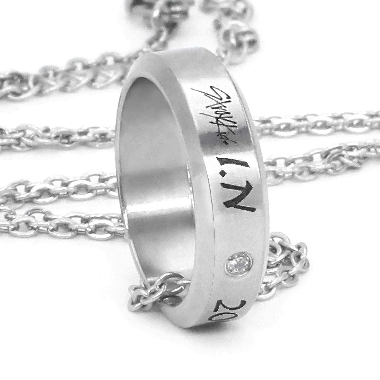 Fanstown Kpop Stray Kids Finger Ring Member Name and Birtday Engraved Ring with Necklace