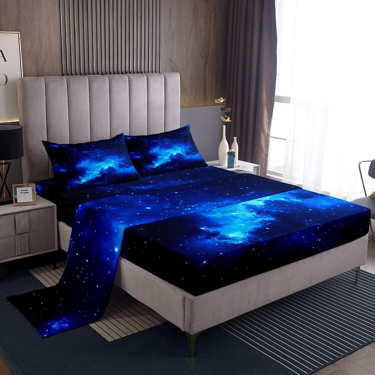 Feelyou Galaxy Bed Sheet Set King Size Out Space Bedding Navy Blue 100% Microfiber Deep Pockets Sheets 4 Pcs - 1 Falt& 1 Fitted Sheets with 2 Pillow