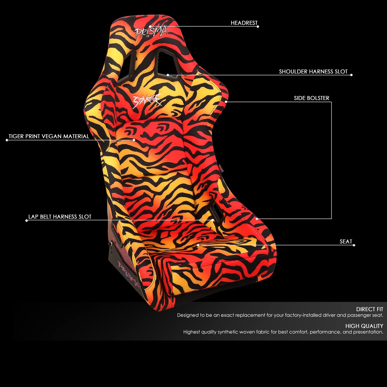 NRG Innovations NRG-FRP-302TIGRE-SAVAGE Prisma Siège baquet à dossier fixe avec montage en bas, tissu imprimé tigre jaune/orange/doré/rose ombré scintillant