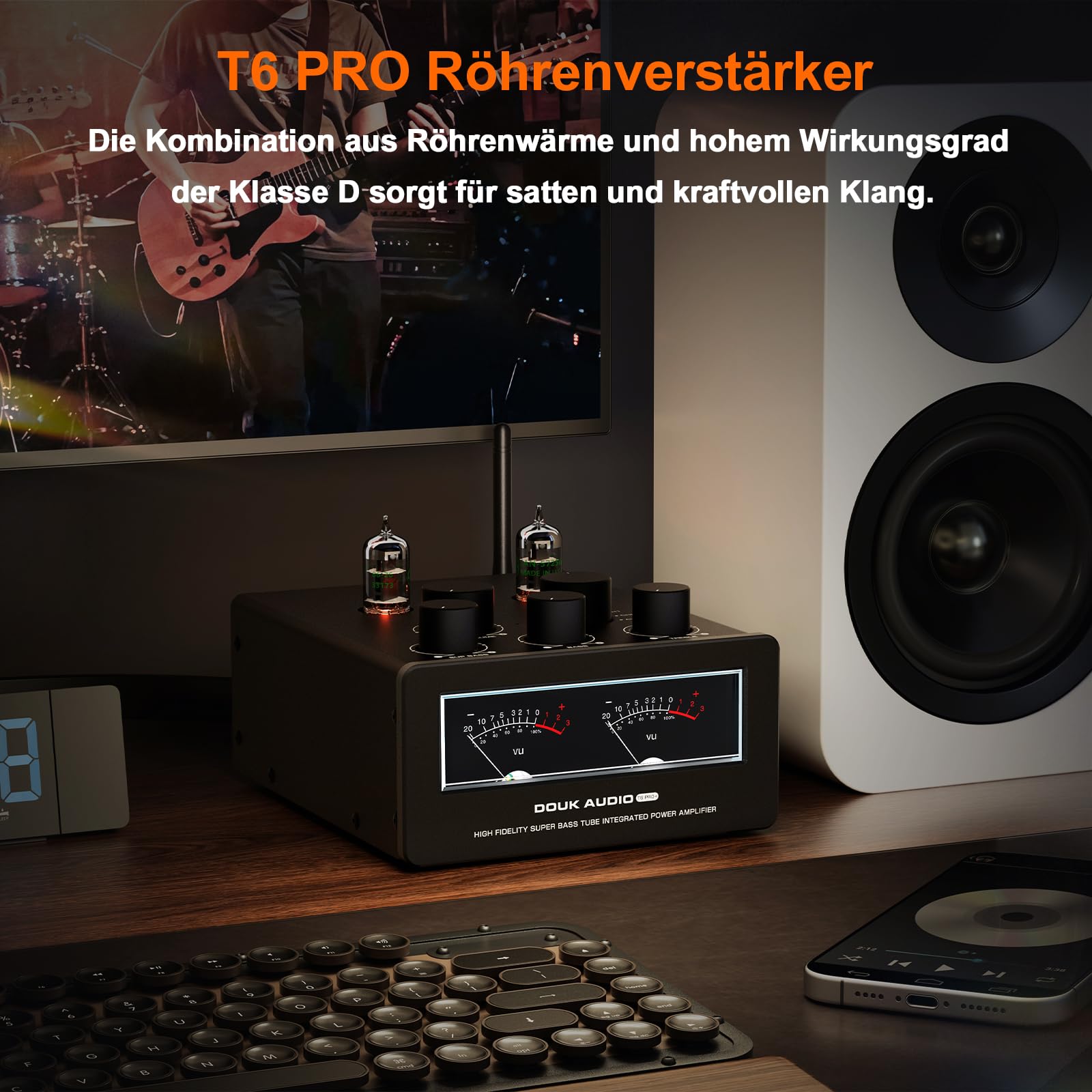 Douk Audio T6 PRO Bluetooth Röhrenverstärker: 300W x2 TPA3255 2-Kanal Stereo Verstärker – Dual-VU-Meter & Super Bass – für Heimkino- und HiFi-Systeme (Schwarz)