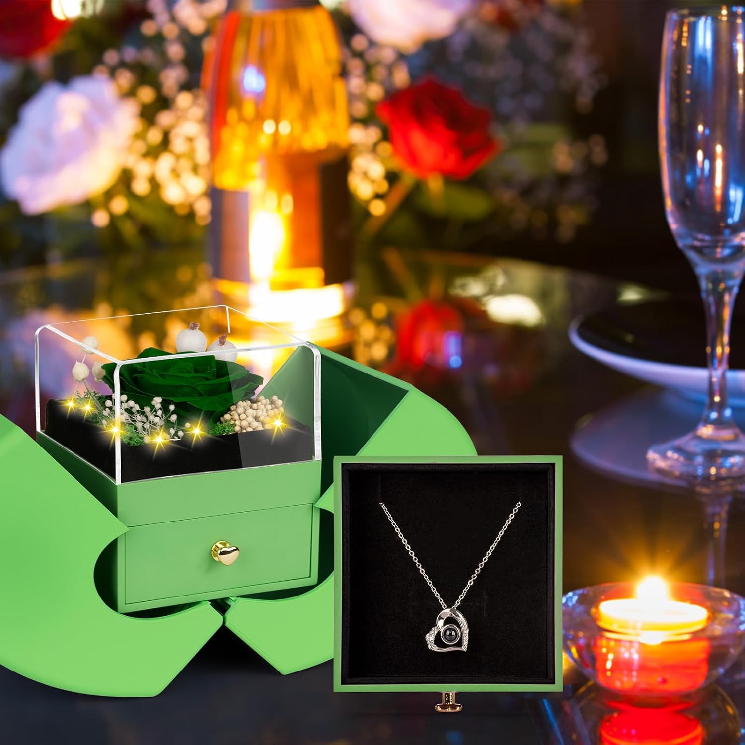 Preserved Green Real Rose with I Love You Necklace, Eternal Flowers Rose Birthday Gifts for Women Her Mom Wife Girlfriend Grandma Christmas on Valentines Mothers Day Anniversary Romantic-Green - Image 4