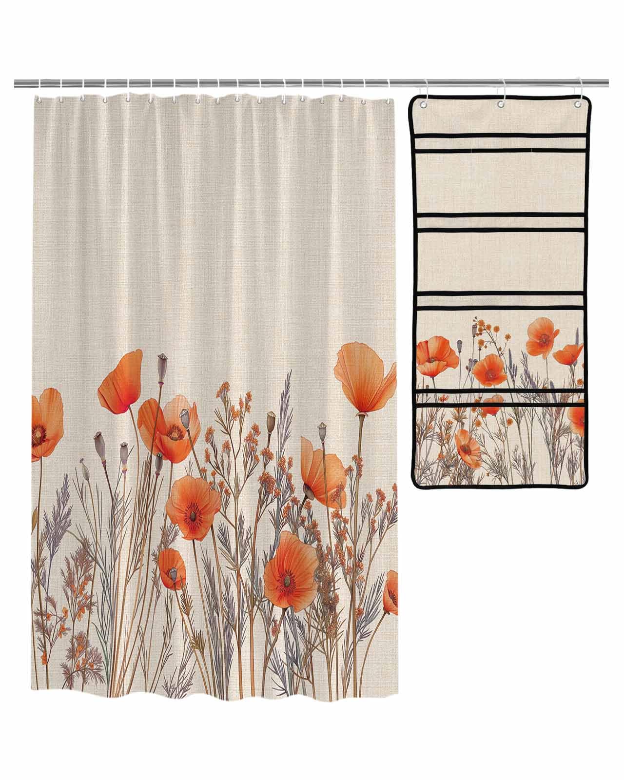 Floral Shower Curtain Mesh Shower Organizer Hanging Set Orange Poppy Flowers Watercolor Plants Retro Linen Waterproof Shower Curtains