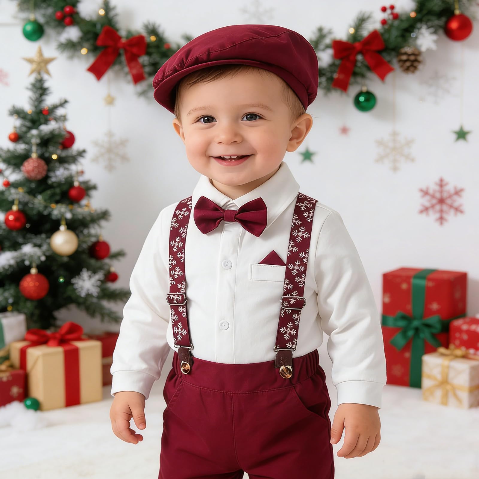 Tuta Elegante da Gentiluomo per Neonato con Bretelle, Pantaloni, Papillon e Coppola Abbigliamento Natalizio per Feste 6-24 Mesi
