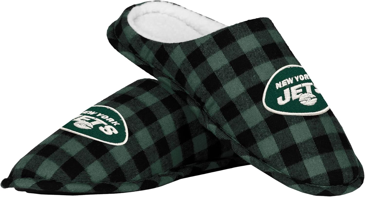 FOCO Men'sNFL Sherpa Lined Buffalo Check Memory Foam Slippers