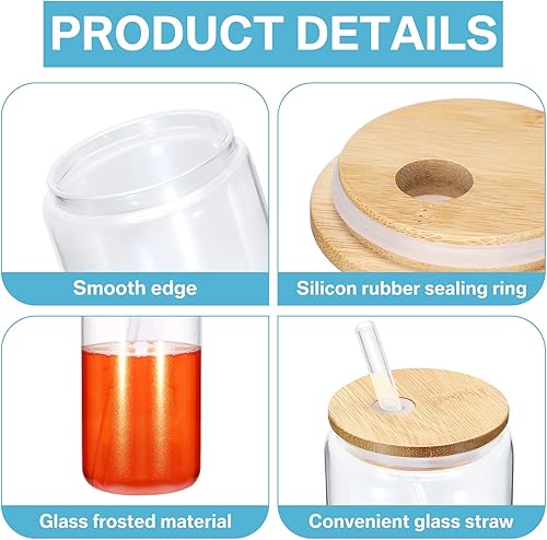 Miniatura 5 de Sieral 20 piezas de vidrio de sublimación de 16 onzas, vasos de cerveza con tapas de bambú y pajitas de vidrio, tarros de sublimación, vasos de agua
