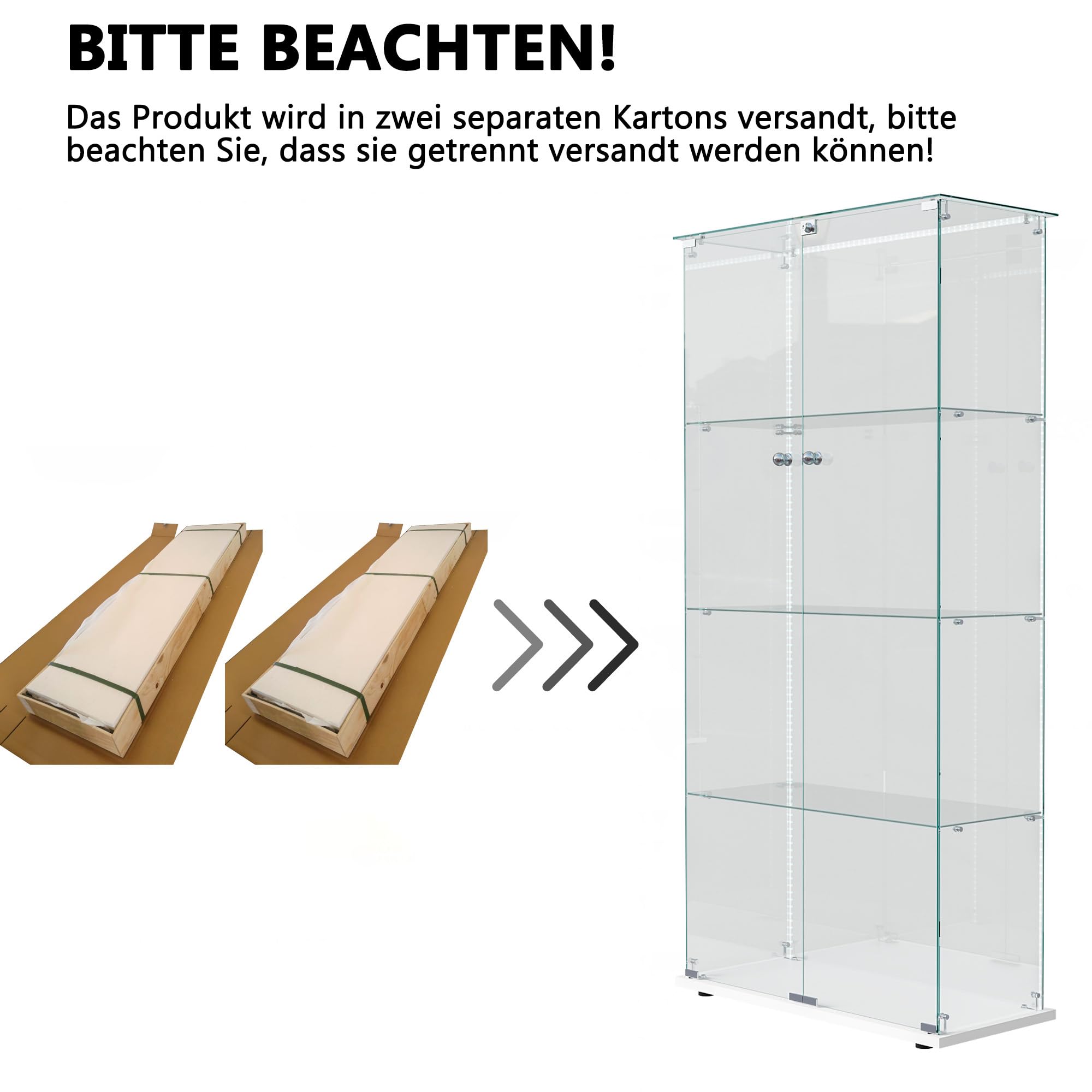 Vitrina de cristal con iluminación LED, vitrina de pie con 4 capas de vidrio, armario de exhibición con 2 puertas y cerradura, vitrina de cristal para sala de estar, oficina, piezas de
